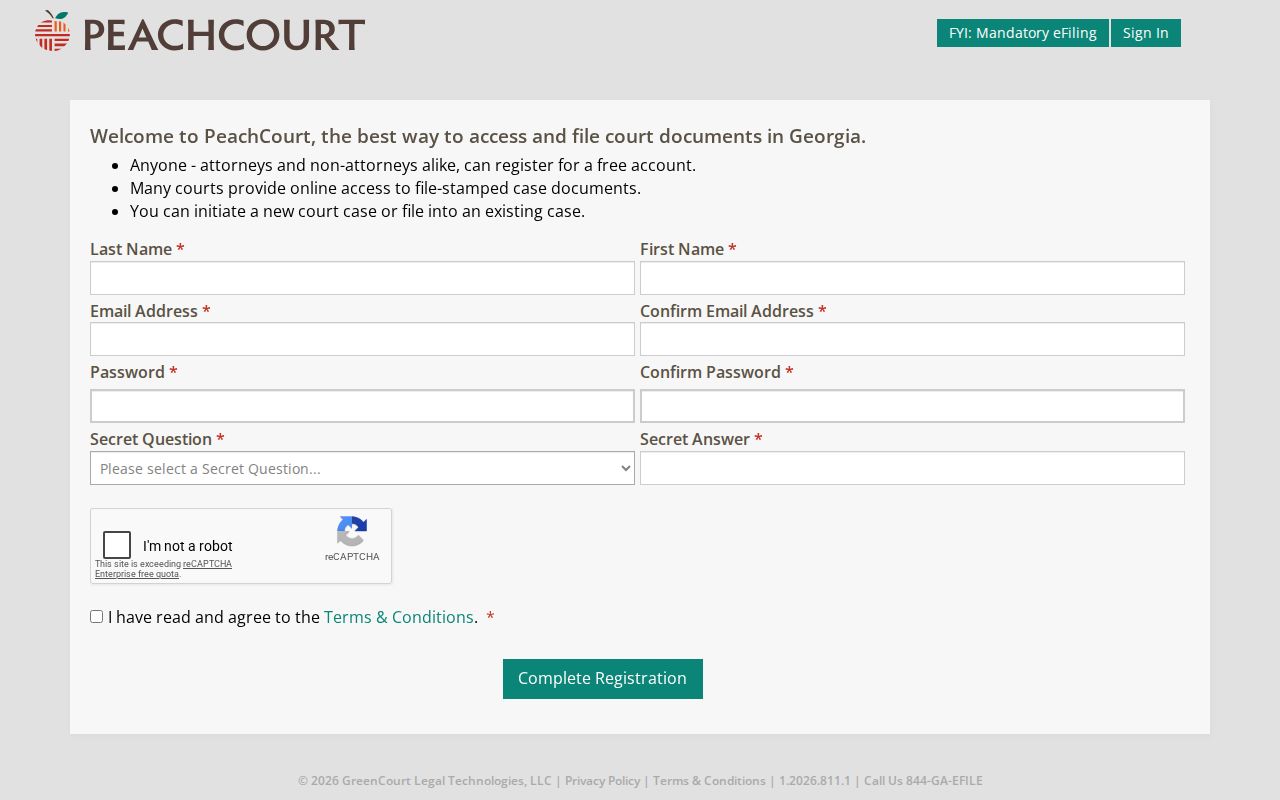 PeachCourt registration fields for Pulaski County Superior case access