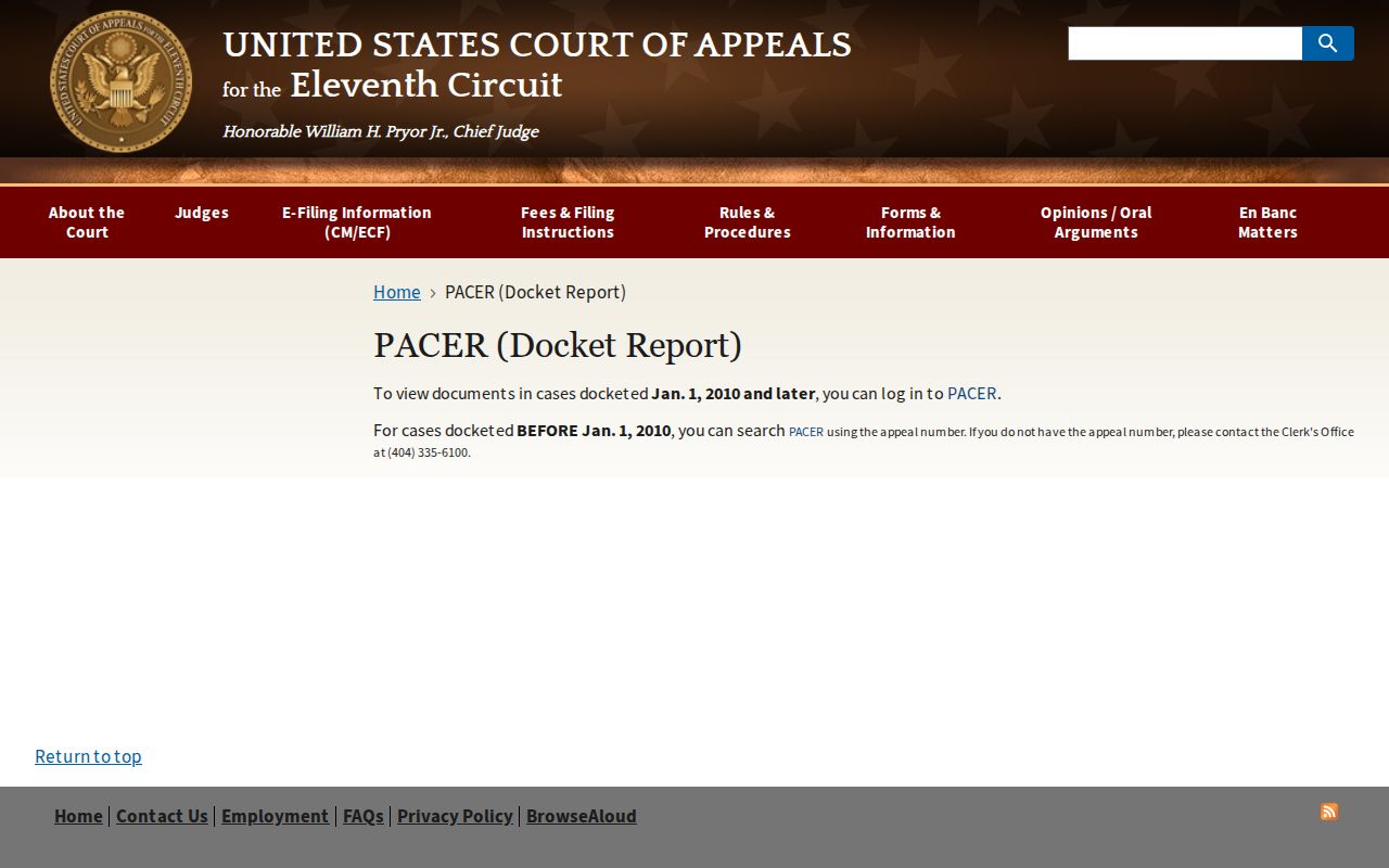 Eleventh Circuit PACER instructions for a Pulaski County federal appeal