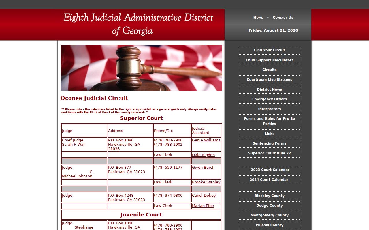 Oconee Judicial Circuit page for Pulaski County court dates