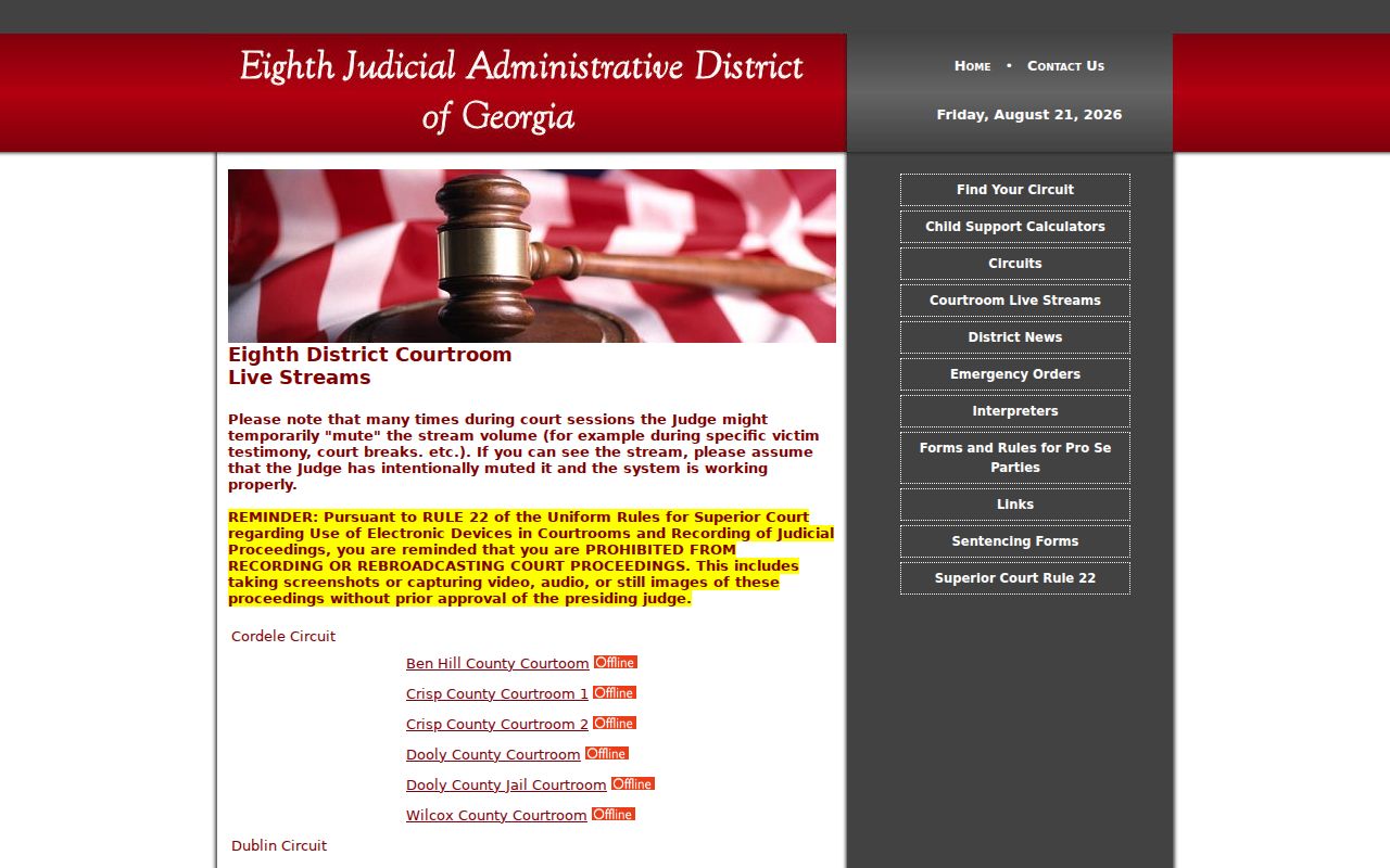 Oconee Circuit livestream listing for Pulaski County courtroom